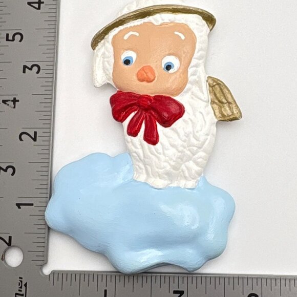 Vintage Lamb Angel Christmas Tree Ornament On Cloud Hand Painted with Red Bow - Picture 3 of 6